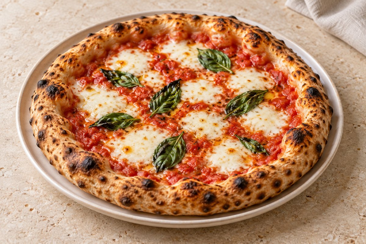 Pizza Margherita con mozzarella, tomate y albahaca